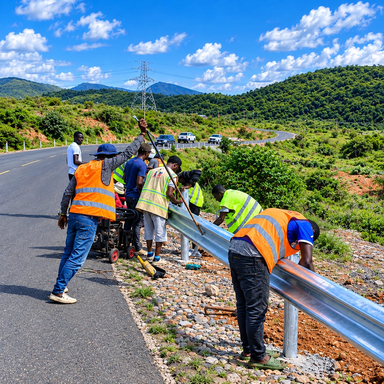 Galvanized steel W-beam guardrail installation on highway curve